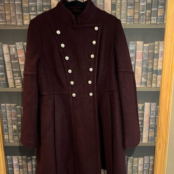 Guess Double-Breasted Belted Pea Coat Womens XL Maroon Burgundy Silver Buttons - Picture 1 of 9